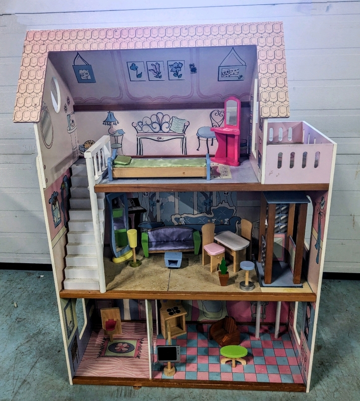 HUGE 45.5" Tall Vintage Barbie-Sized Doll House with Working Elevator & Wooden Furniture