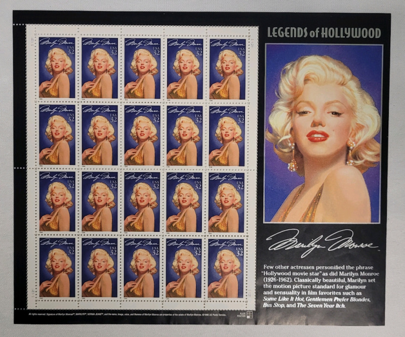 1995 US Postal ' Legends of Hollywood : Marilyn Monroe ' Postage Stamp Sheet , 32 Cent Stamps