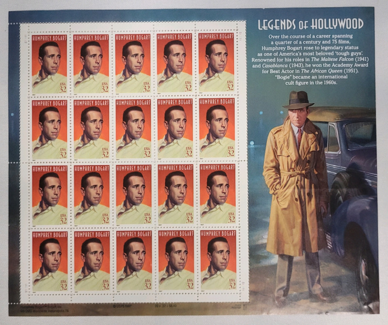 1997 US Postal ' Legends of Hollywood : Humphrey Bogart ' Postage Stamp Sheet , 32 Cent Stamps