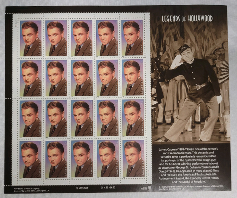 1998 US Postal ' Legends of Hollywood : James Cagney ' Postage Stamp Sheet , 33 Cent Stamps