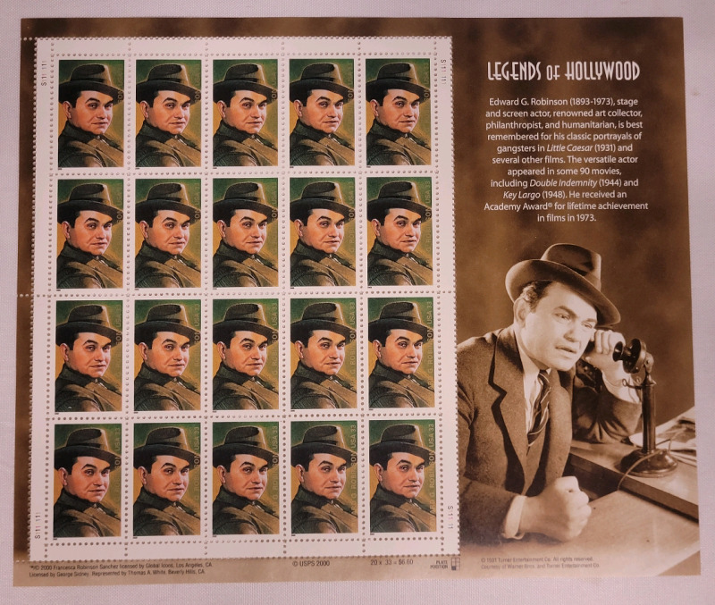 2000 US Postal ' Legends of Hollywood : Edward G Robinson ' Postage Stamp Sheet , 33 Cent Stamps