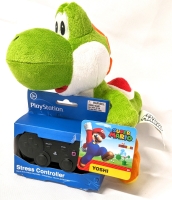 New YOSHI Nintendo / Super Mario Bros 9.5" Tall Plush & Sony PlayStation Squishy Foam Stress Controller 4" Across