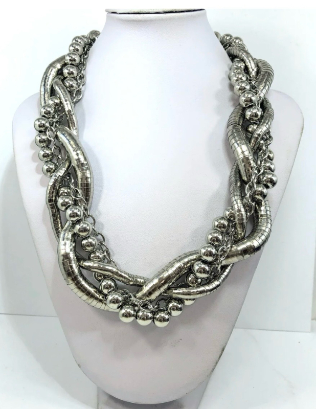 Chunky Silver Berry Vine Braided Statement Necklace