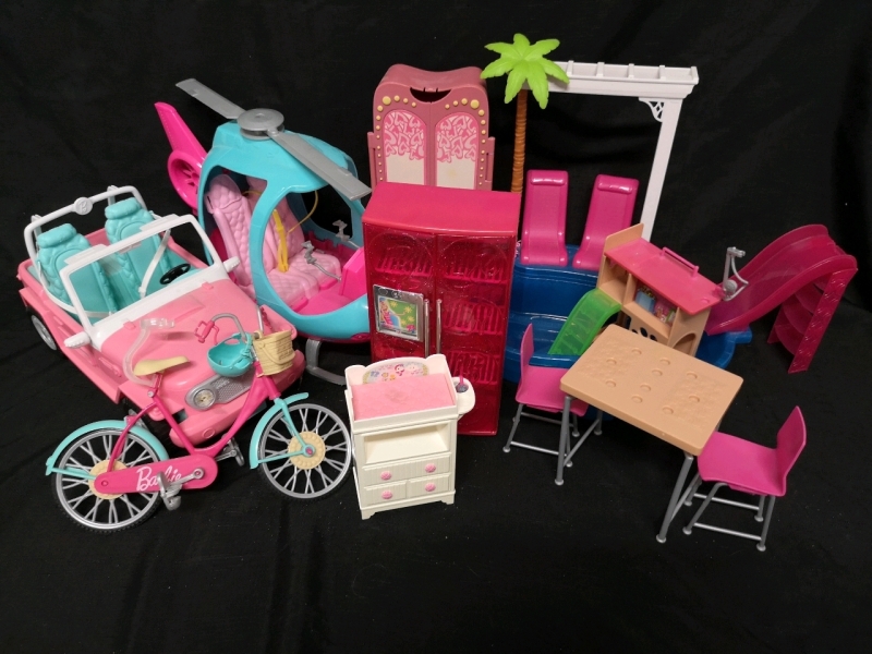 Modern Barbie Accessories - Jeep, Helicopter, Pool, Bicycle+