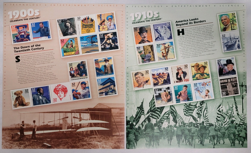 US Postal ' Celebrate the Century 1900s & 1910s ' Postage Stamp Sheets