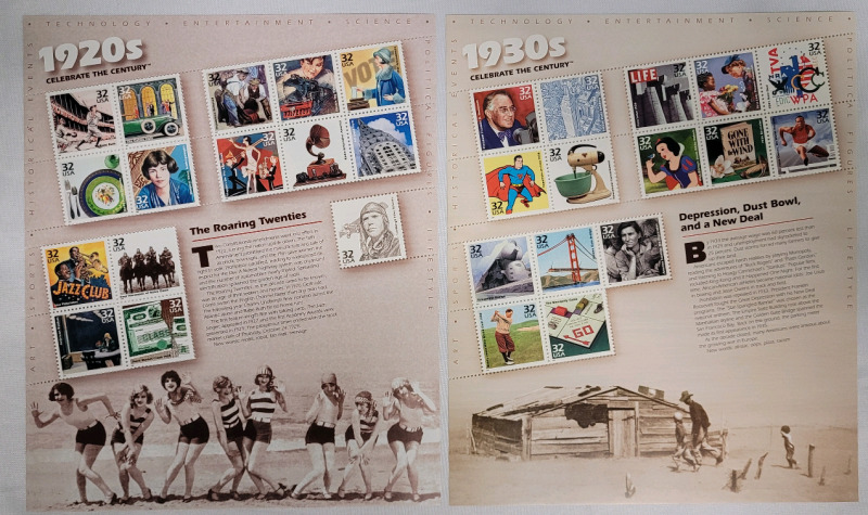 US Postal ' Celebrate the Century 1920s & 1930s ' Postage Stamp Sheets