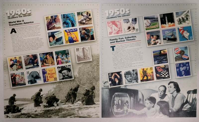 US Postal ' Celebrate the Century 1940s & 1950s ' Postage Stamp Sheets