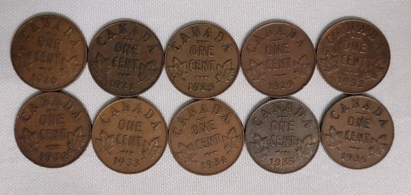 1920 - 1936 Canada King George V Penny Lot , 10 Coins