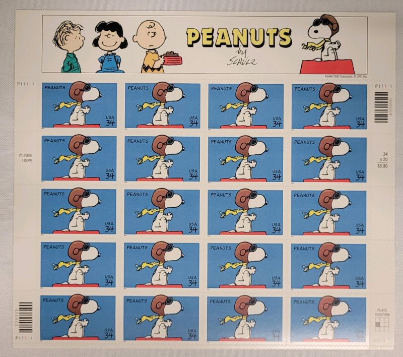 2000 US Postal ' Peanuts : Snoopy ' Postage Stamp Sheet , 34 Cent Stamps