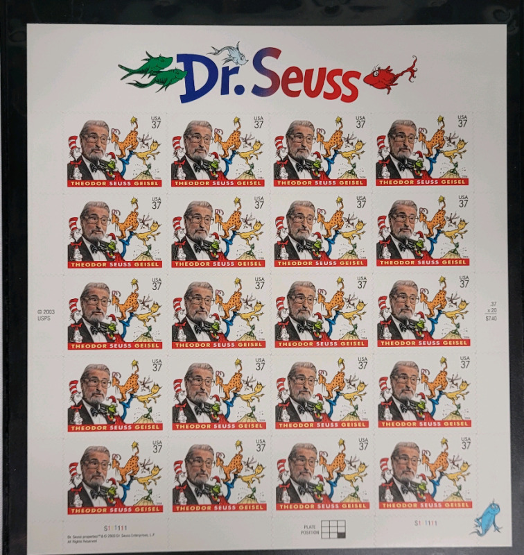 2003 US Postal ' Dr. Seuss , Theodor Seuss Geisel ' Postage Stamp Sheet , 37 Cent Stamps