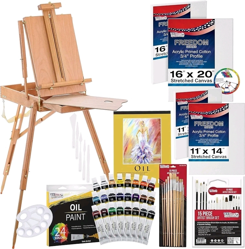 New U.S. Art Supply 63-Piece Artist Oil Painting Set with Coronado French Style Sketch Box Easel (1x Stretched Canvas Missing)