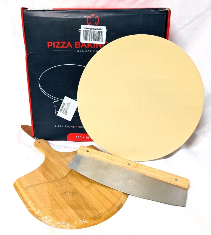 New Culinary Couture Deluxe Kit 15" Round Pizza Stone, Rocker Pizza Cutter & Pizza Peel