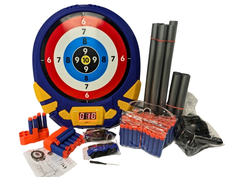 Electric Score Board 14" x 16.5" with Stand, 10 New Packs of 2.75" Long Foam Darts + 20 Loose Darts in Holders & 2 Safety Glasses