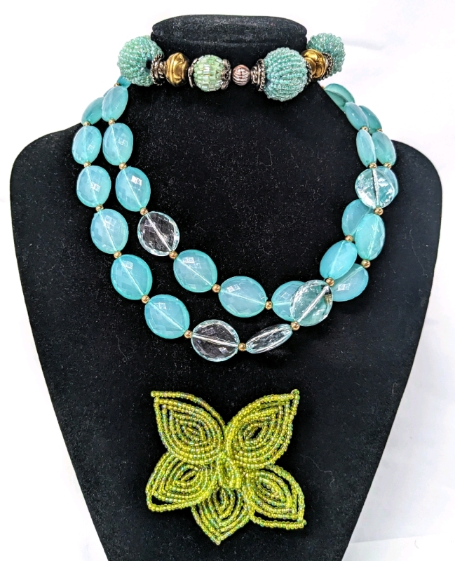 Terrific in Turquoise Chunky Necklace & Bracelet + Beautiful Beaded Brooch