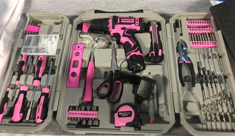 KingTool Home Tool Kit Set - 219 Pieces Pink Tool Kit with 12V Max Power Cordless Drill