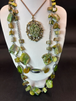 Beautiful green Mother of Pearl 2 Strand necklace Green Glass Necklace