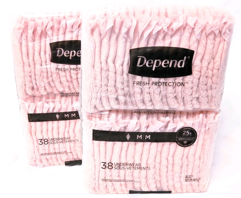 76 New Ladies DEPEND Disposable Underwear Size Medium (31-37' Waist) 2 Sealed Packs of 38ea