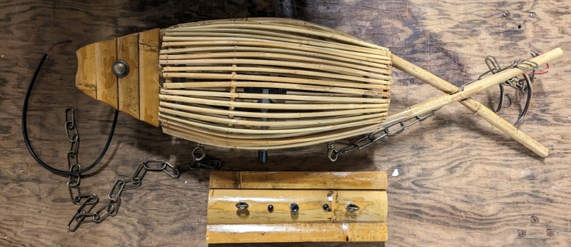 Rattan Fish Pendant Light Fixture, 30" tall.