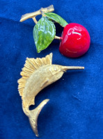 Brushed Sword Fish Brooch Enamel Cherry Branch Brooch
