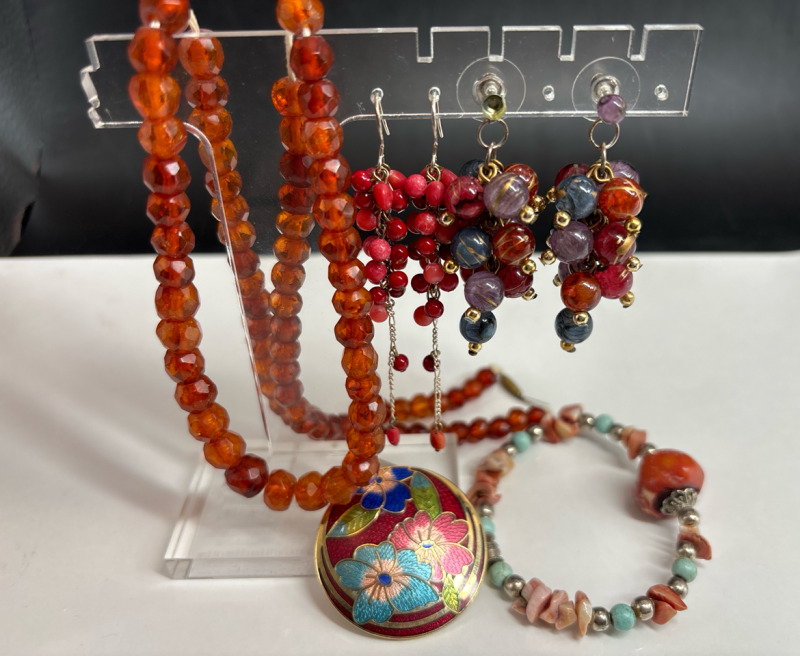 Antique Orange Bead Necklace Cha Cha earrings Rocccoco Brooch