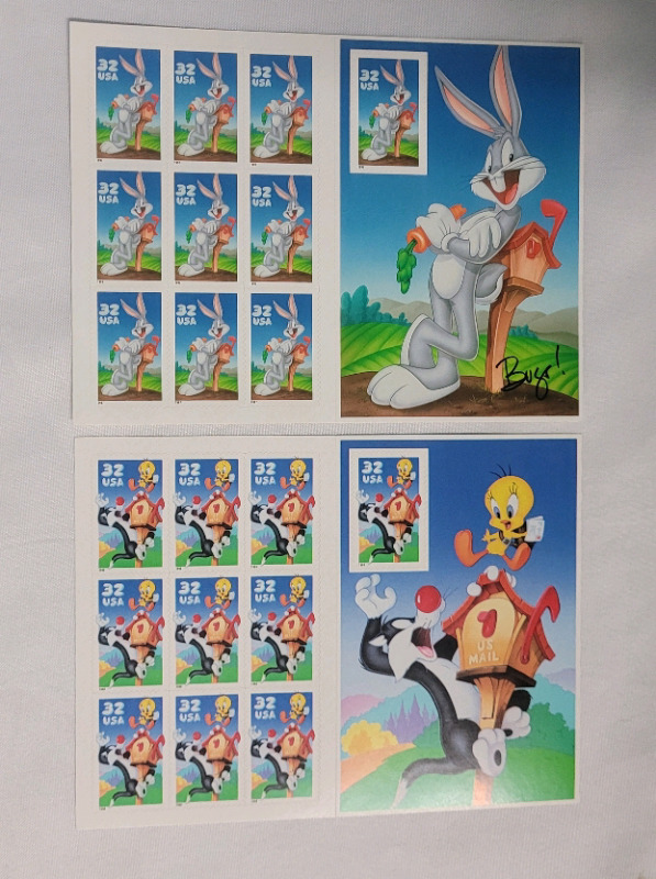 1997 Bugs Bunny & 1998 Sylvester and Tweety USA Postage Stamp Sheets