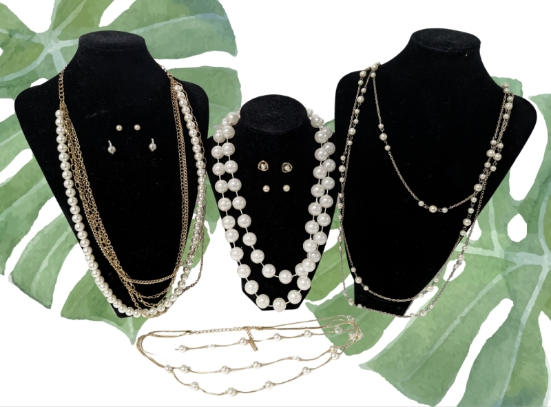 Gold & Silver Tone Necklaces with Faux Pearl & 4 Pairs Earrings