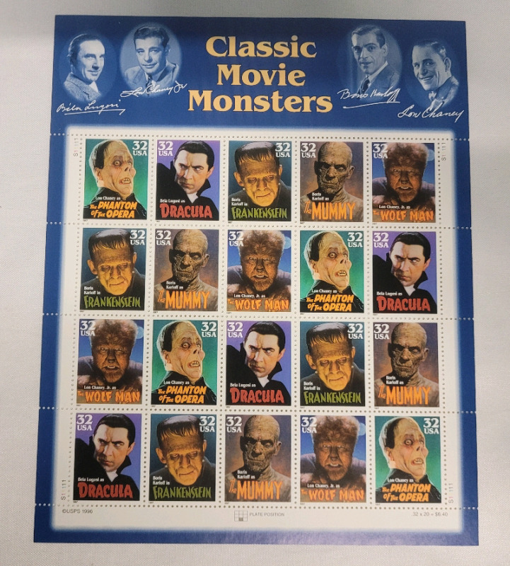 1996 US Postal Service ' Classic Movie Monsters ' Postage Stamp Sheet , 32 Cent Stamps