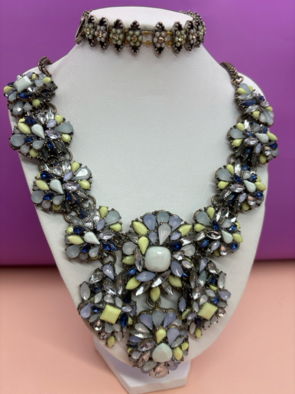 ZARA Necklace Chunky Ornate Blue Yellow Green Beads Bracelet