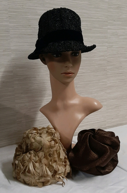 Vintage 3 Vintage Hats Helen Joyce Black Straw Hat Helen Yoffe Brown Hat Union Made in Ontaro Hat with Beige Flowers