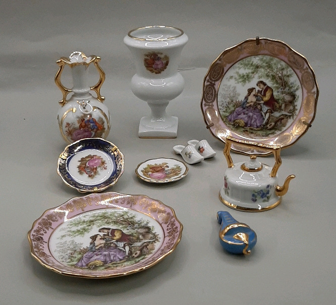 Vintage Limoges 3.75" Urn 2 4" Plates 2 Miniature Plates Musical Instrument Kettle Shoes