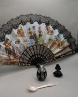 Vintage Fan with a Spanish Motif Abalone Inlaid Egg Salvador Dali Miniature Nose/Lips Perfume Bottle Mother of Pearl 4.75" Etched Spoon Fan has some damage.