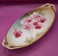 Vintage 13" RS Germany Oval Dish with Pink Pansies Small flaws on bottom rim