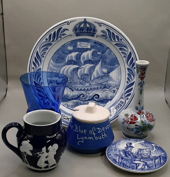 Vintage 9" Queen Wilhemina 1923 Silver Jubilee Commemorative Plate Motto Ware Covered Sugar Bowl Original Delft Goodewaagan Vase Made in Holland Antique German Pate sur Pate Jug Farber & Brothers of NY and Cambridge Glass Vase Circa 1930's
