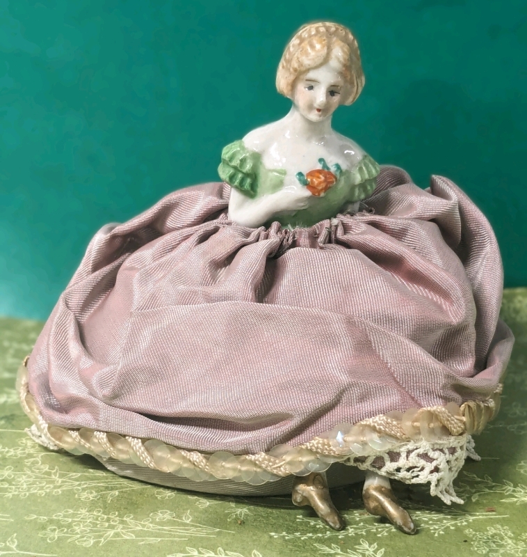 Antique Porcelain Pincushion Doll with Porcelain Feet 3.5" Tall
