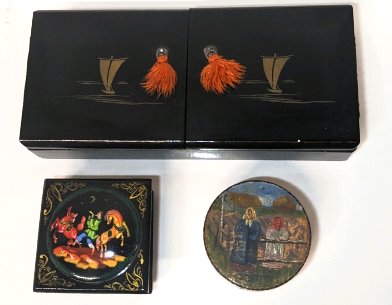 Vintage Japanese Lacquer Trinket Box with Sailboats, Antique Wooden Box with Painted Babushkas & Russian Hand-Paintef Lacquer Trinket Box Signed by Artist