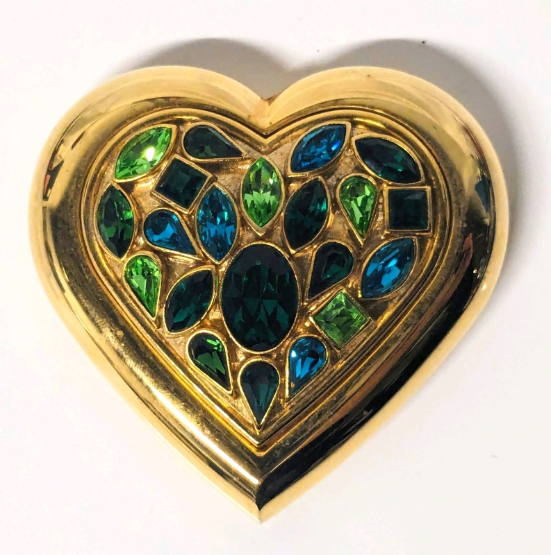 Vintage YVES ST LAURENT Heart-Shaped Powder Compact with Green Jewels 2.6" x 2.5" x 1"