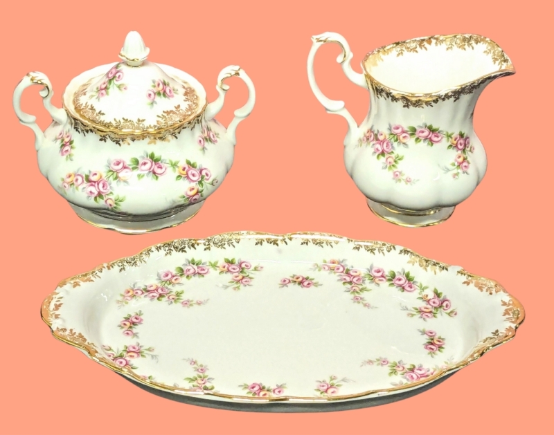 Royal Albert England " Dimity Rose " Large Creamer & Covered Sugar + Royal Albert " Dimity Rose " Oval Handled Tray
