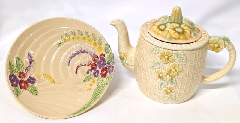 WADE HEATH England Teapot 6.5" Tall & Bowl w Flowers 7" Wide