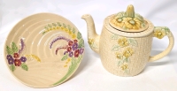 WADE HEATH England Teapot 6.5" Tall & Bowl w Flowers 7" Wide