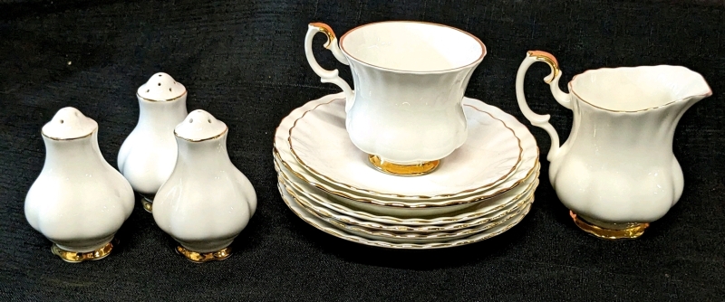 Royal Albert England "Val D'Or" : 5 Saucers, 1 Cup & Saucer, 1 Pepper Shaker, 1 Salt & Pepper Shaker Pair & Creamer