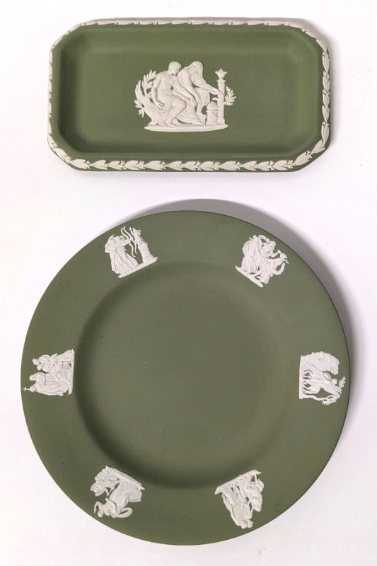 Wedgwood England Green Jasperware Dish 6.2" x 3.25" and Plate 6.6"