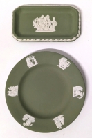 Wedgwood England Green Jasperware Dish 6.2" x 3.25" and Plate 6.6"