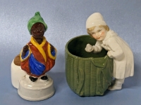 Antique German Figural Pin Cushion 4" Tall & Antique German Porcelain "Naughty Boy Stealing Sugar Cane" Match Holder 4"