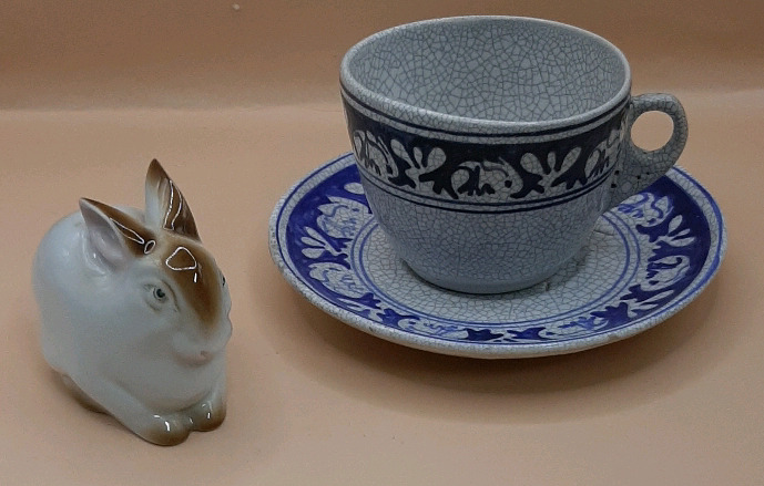 Vintage 2.5" Zsolnay Pecs Hand Painted Rabbit Dedham Pottery Cup and Saucer