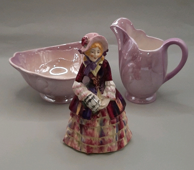 Vintage English Pottery 5.75" Figurine of a Lady Maling Violet Lustre Ware Cream and Sugar