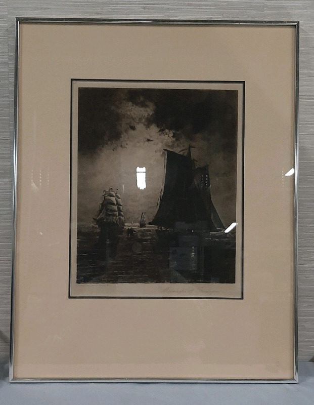 Vintage 28 X 22" Original Drypoint "Graphic Moonlight off Boulogne" by Camille-Arthur Fonce 1867-1920