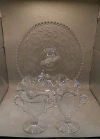 Vintage Hughes Cornflower Candlewick 11.5" Handled Pastry Tray Radiance Line Crimped Footed Bowl Candlewick Cream and Sugar