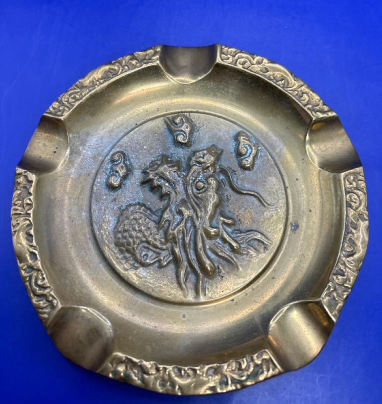 Vintage Brass Ashtray with Chinese Dragon