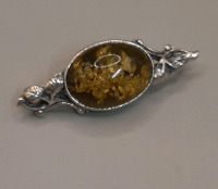 Vintage 1.5" Green Amber and Sterling Silver Pin