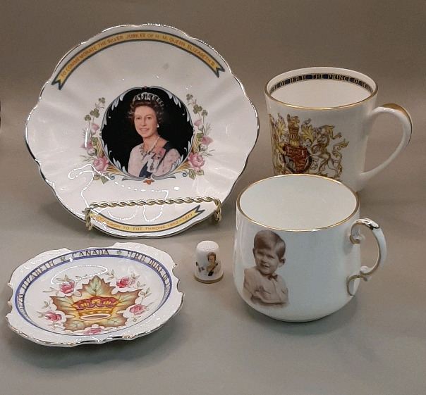 Vintage 6.5" Crown Staffordshire Queen Elizabeth Silver Jubilee Commemorative Dish Queen Mother Thimble Paragon 1951 Princess Elizabeth's Visit to Canada Dish Paragon Double Warranted Prince Charles Cup Ansley Cup Commemorating the 1969 Investiture of the